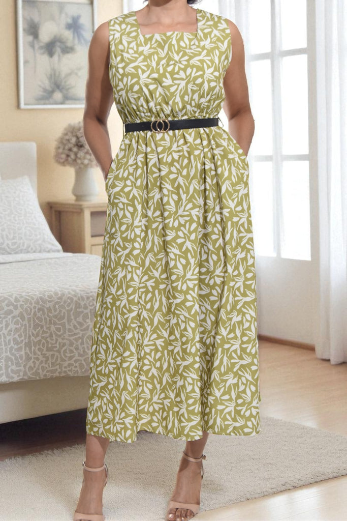 Ladies Pocket Flare Dress - Lime Floral (Excl Belt) - StylePhase SA