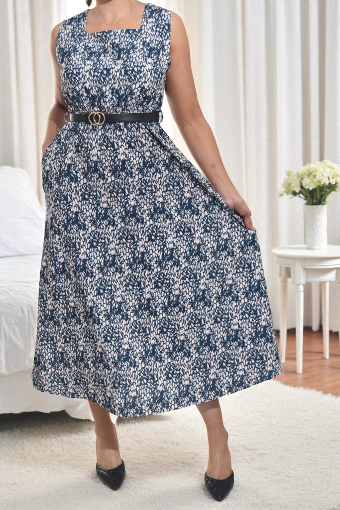 Ladies Pocket Flare Dress - Navy And Beige (Excl Belt) - StylePhase SA