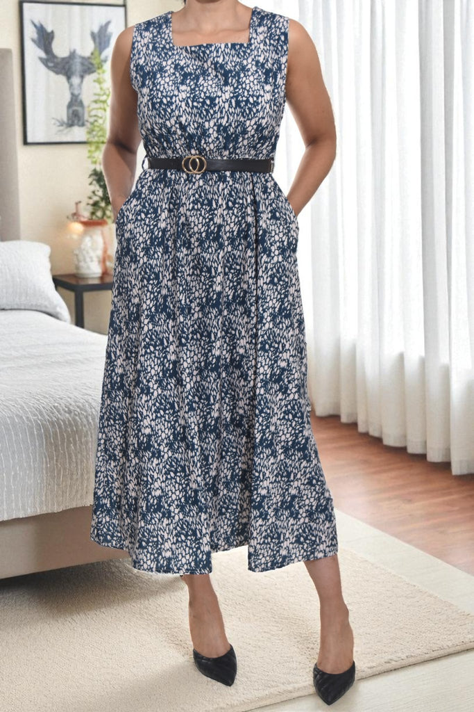 Ladies Pocket Flare Dress - Navy And Beige (Excl Belt) - StylePhase SA