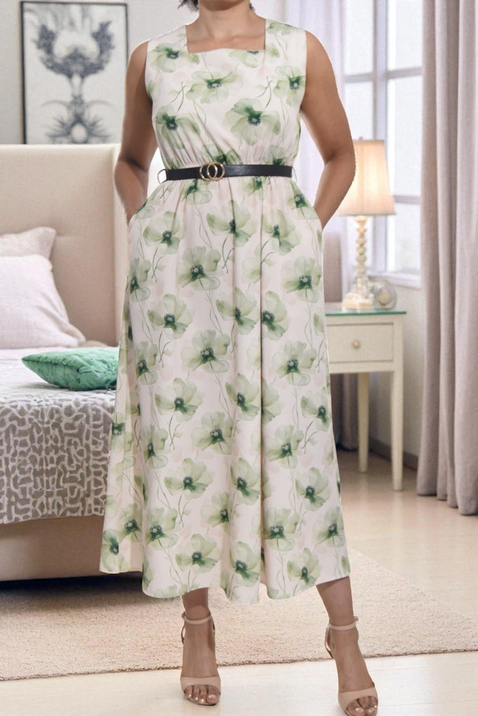 Ladies Pocket Flare Dress - Olive Floral (Excl Belt) - StylePhase SA