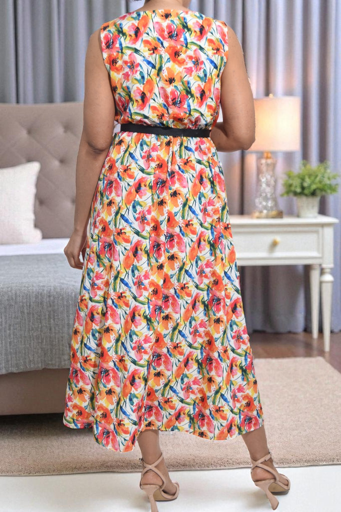 Ladies Pocket Flare Dress - Orange Floral (Excl Belt) - StylePhase SA