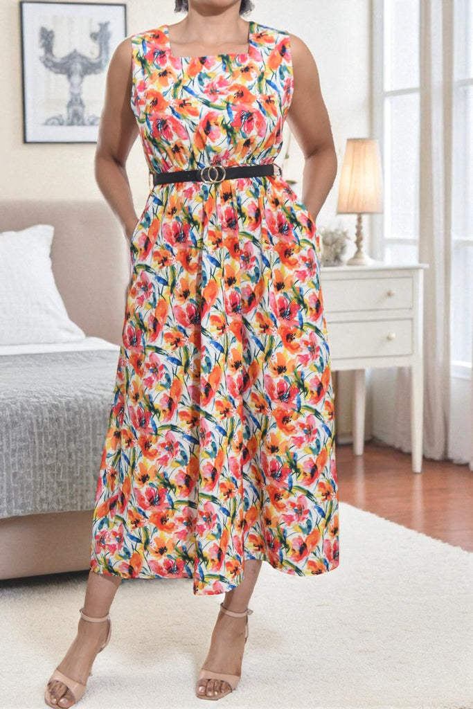 Ladies Pocket Flare Dress - Orange Floral (Excl Belt) - StylePhase SA