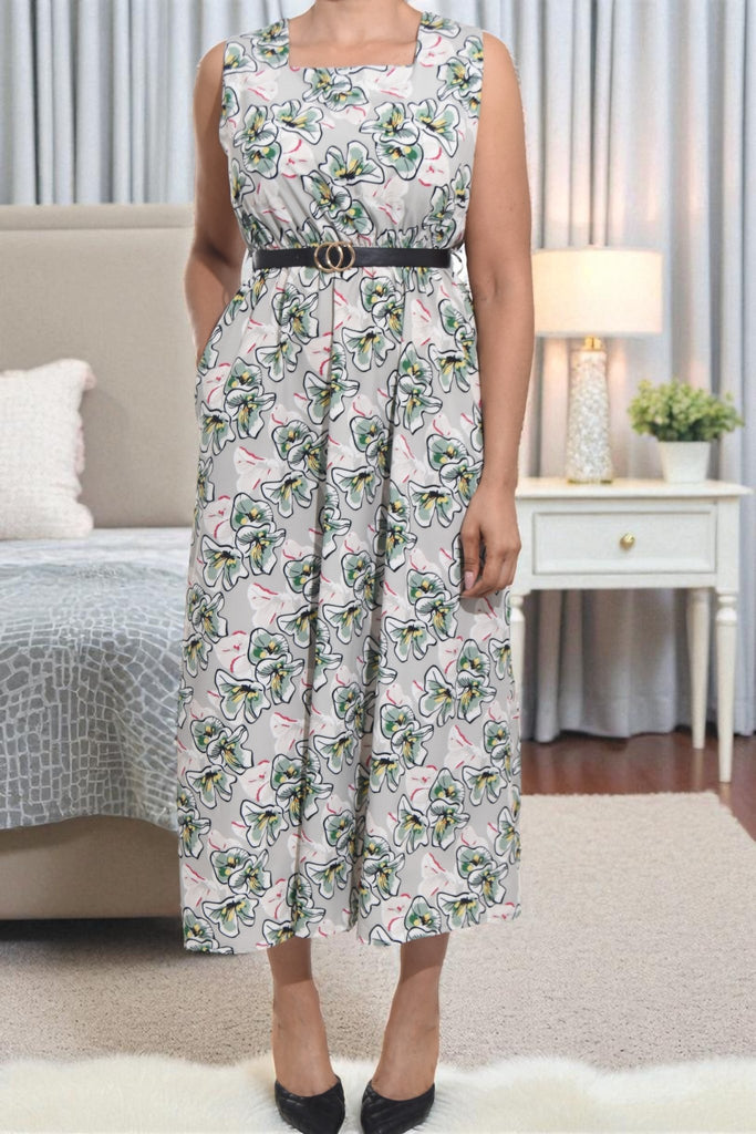 Ladies Pocket Flare Dress - Sage Floral (Excl Belt) - StylePhase SA
