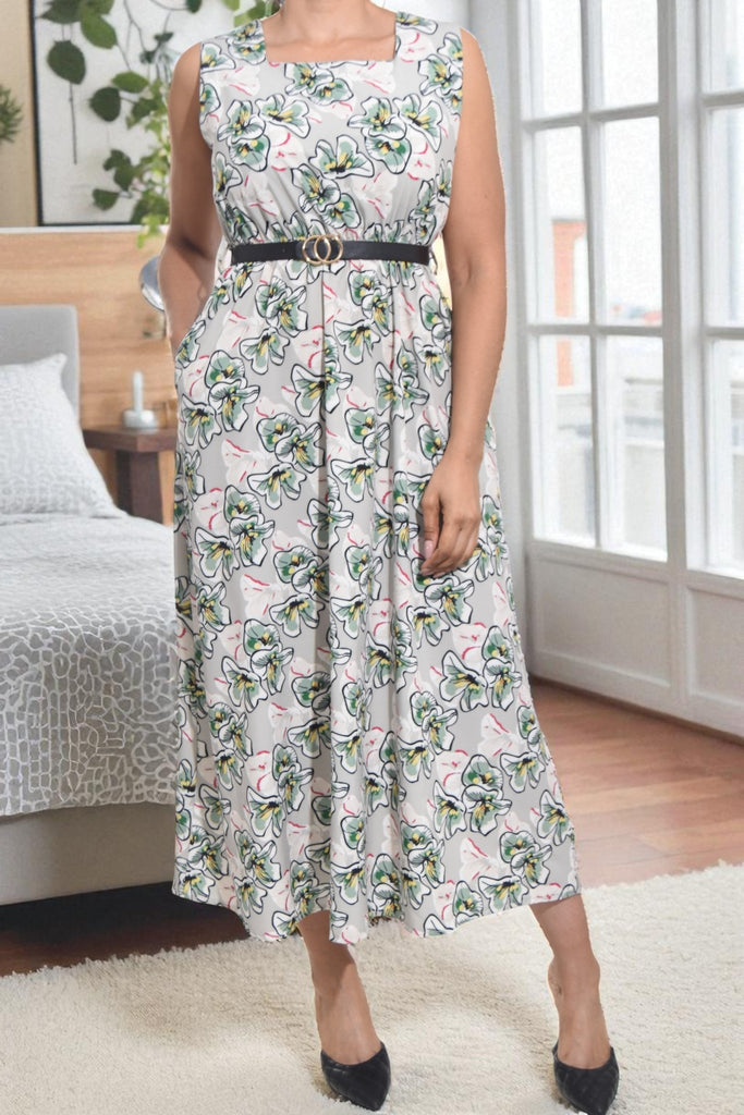 Ladies Pocket Flare Dress - Sage Floral (Excl Belt) - StylePhase SA