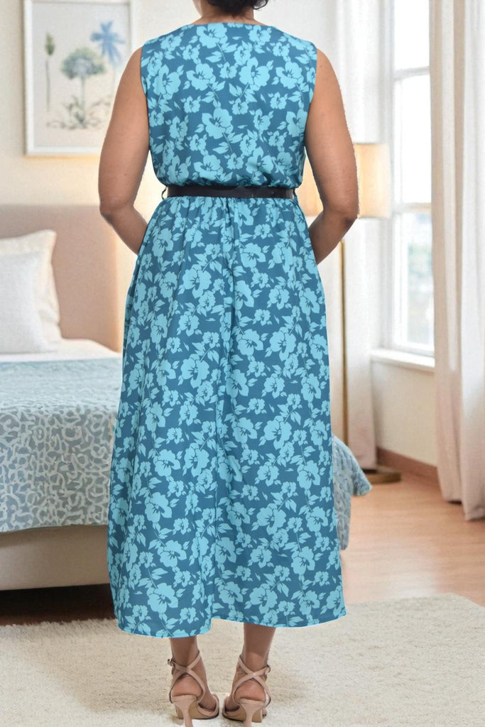 Ladies Pocket Flare Dress - Teal Floral (Excl Belt) - StylePhase SA