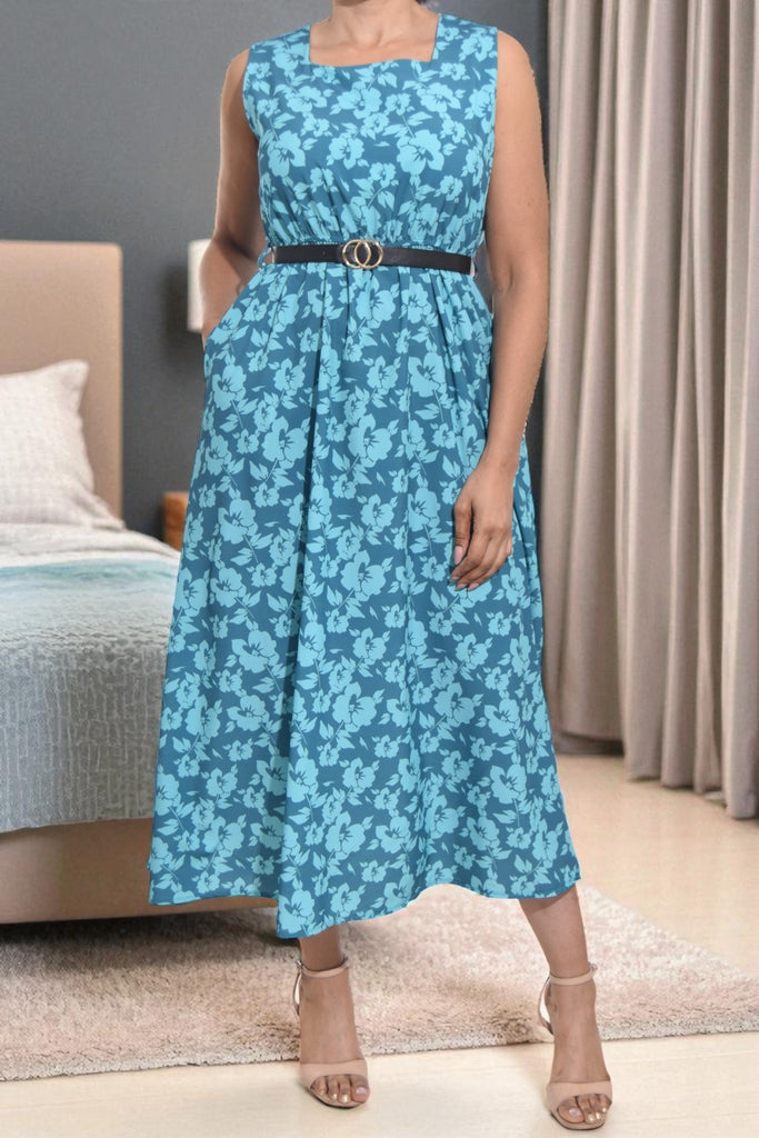 Ladies Pocket Flare Dress - Teal Floral (Excl Belt) - StylePhase SA