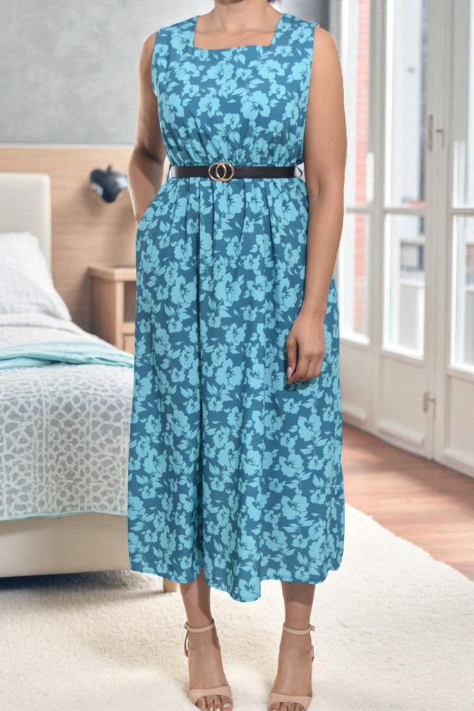 Ladies Pocket Flare Dress - Teal Floral (Excl Belt) - StylePhase SA