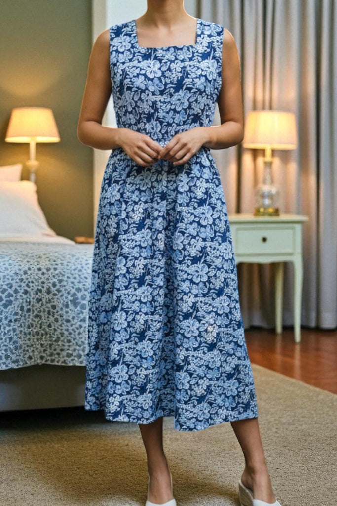 Ladies Pocket Flare Dress - Two Tone Blue Floral (Excl Belt) - StylePhase SA