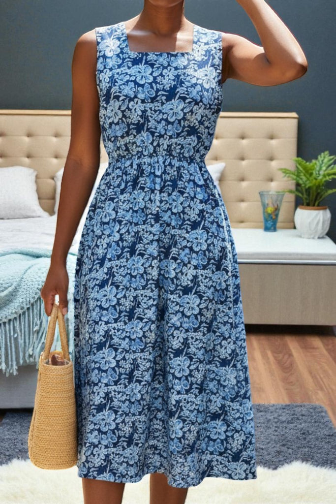 Ladies Pocket Flare Dress - Two Tone Blue Floral (Excl Belt) - StylePhase SA