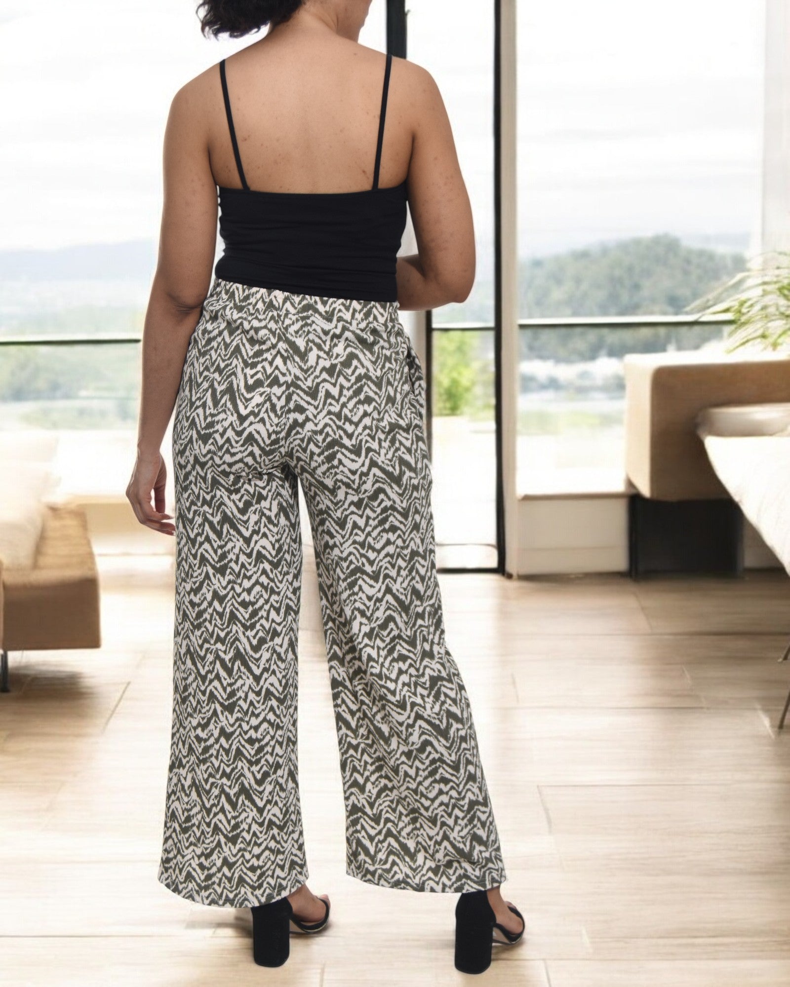 Ladies Pocket Pants - Cream And Olive Pattern - StylePhase SA