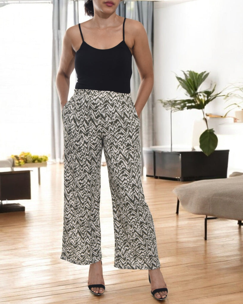 Ladies Pocket Pants - Cream And Olive Pattern - StylePhase SA