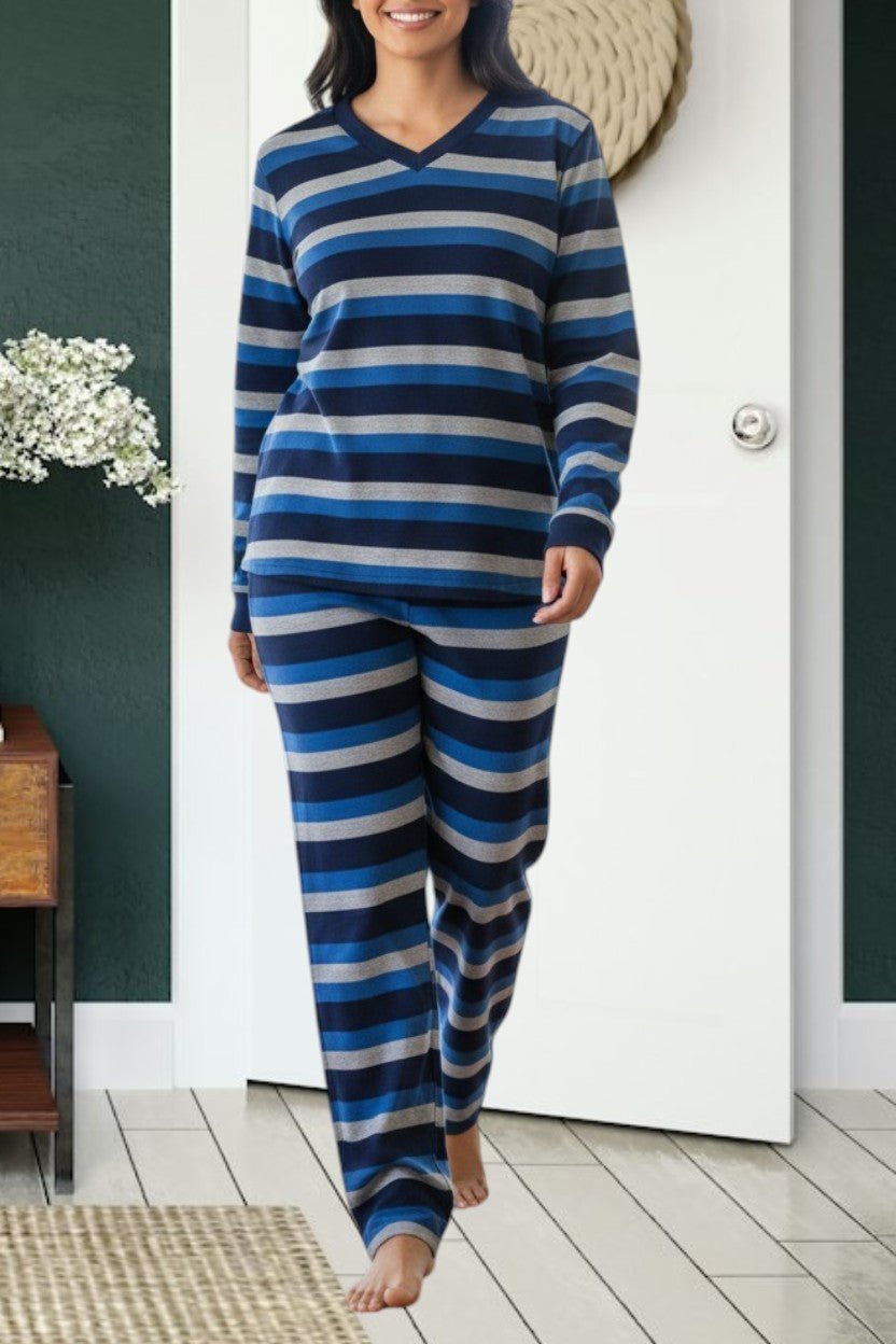 Ladies Polar Fleece Grey Stripe Pyjama Set - StylePhase SA