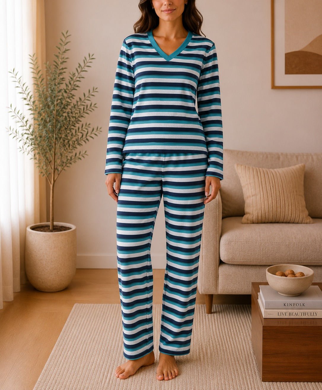 Ladies Polar Fleece Navy Stripe Pyjama Set - StylePhase SA