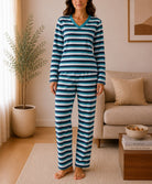 Ladies Polar Fleece Navy Stripe Pyjama Set - StylePhase SA