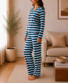 Ladies Polar Fleece Navy Stripe Pyjama Set - StylePhase SA