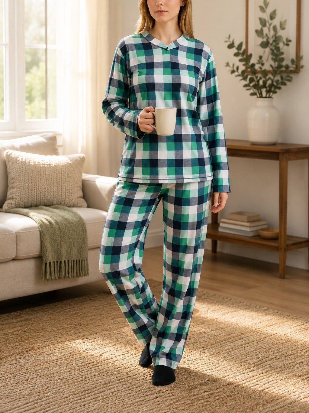Ladies Polar Fleece Printed Pyjama Set - Green And Grey - StylePhase SA