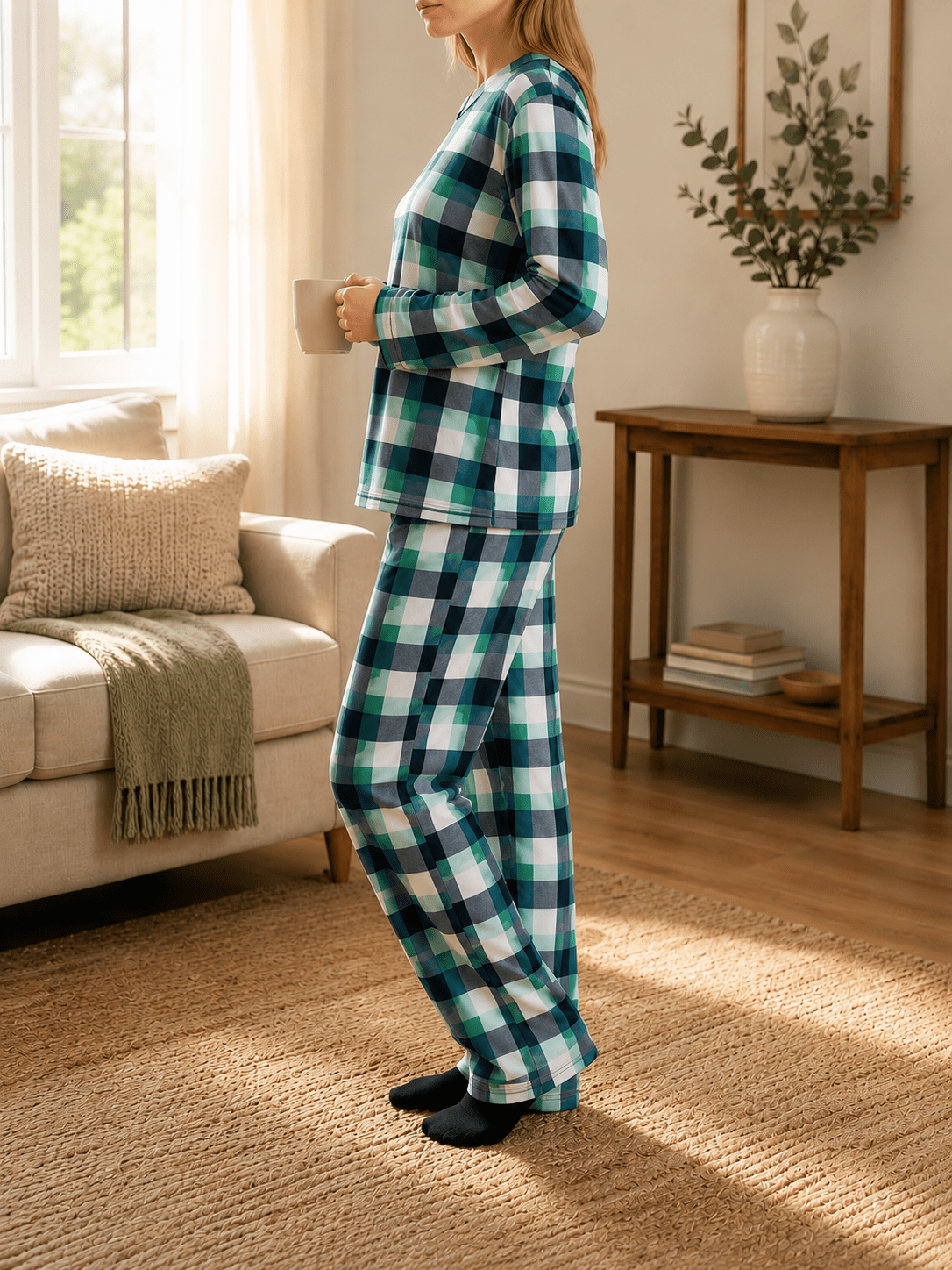 Ladies Polar Fleece Printed Pyjama Set - Green And Grey - StylePhase SA