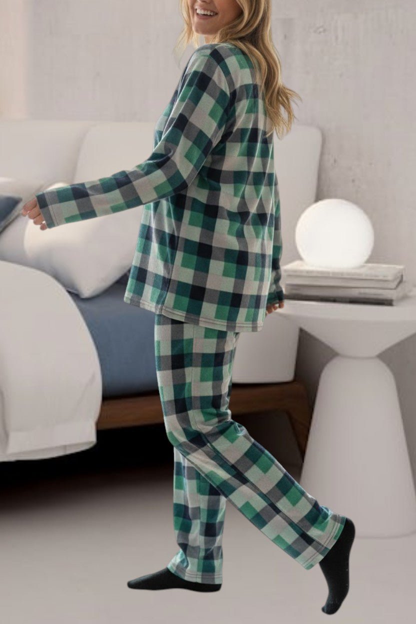 Ladies Polar Fleece Printed Pyjama Set - Green And Grey - StylePhase SA