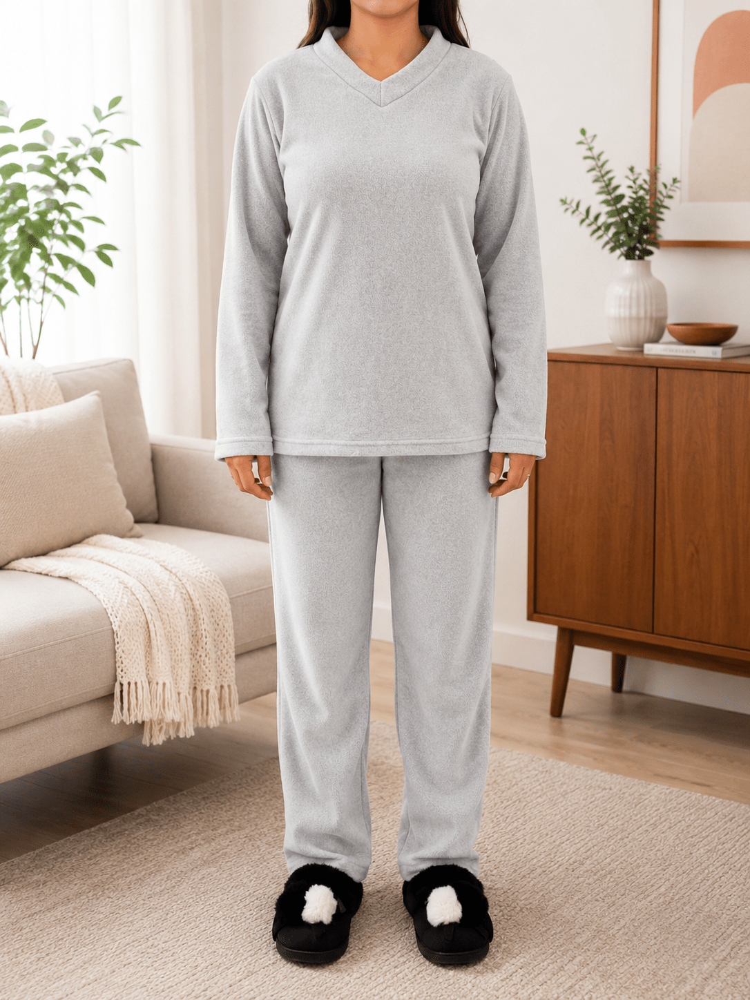 Ladies Polar Fleece Printed Pyjama Set - Light Grey - StylePhase SA