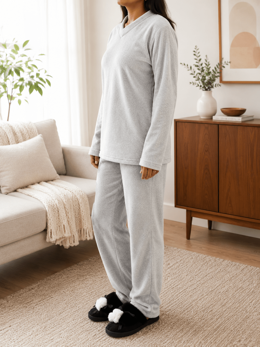 Ladies Polar Fleece Printed Pyjama Set - Light Grey - StylePhase SA