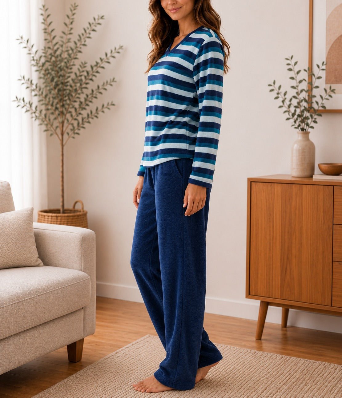 Ladies Polar Fleece Printed Pyjama Set - Teal And Blue - StylePhase SA