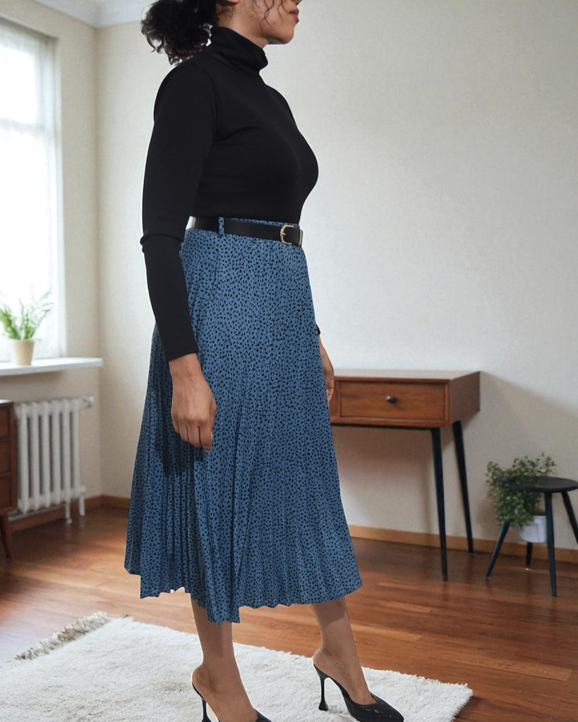 Ladies Polka Dot Steel Blue Pleated Skirt - StylePhase SA