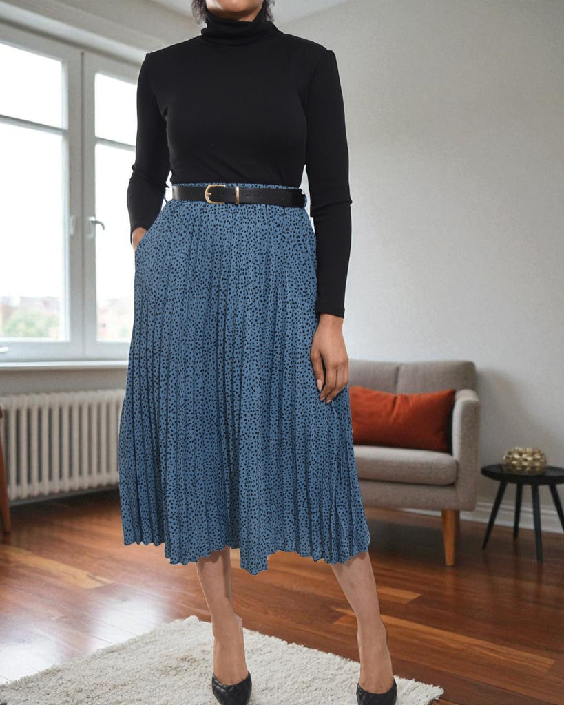 Ladies Polka Dot Steel Blue Pleated Skirt - StylePhase SA