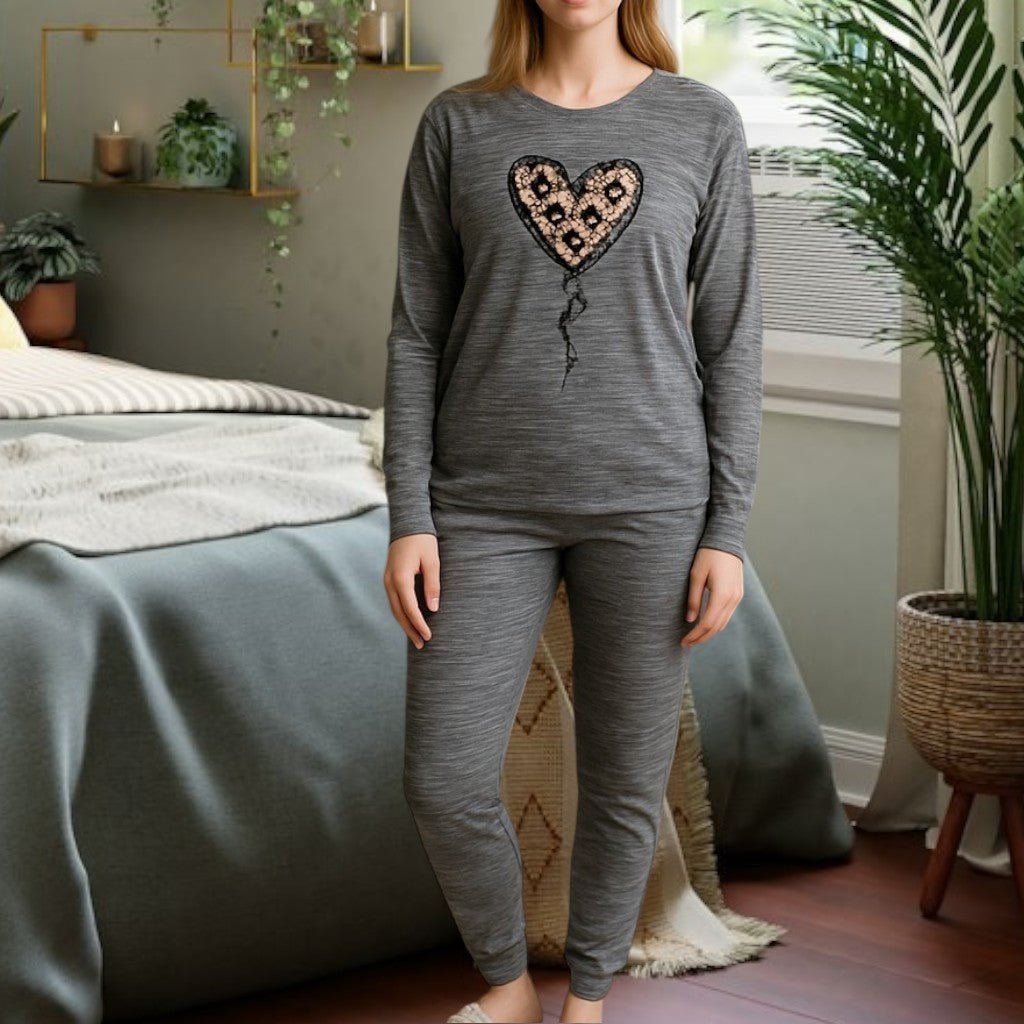 Ladies Printed Charcoal Heart Pyjama Set - StylePhase SA