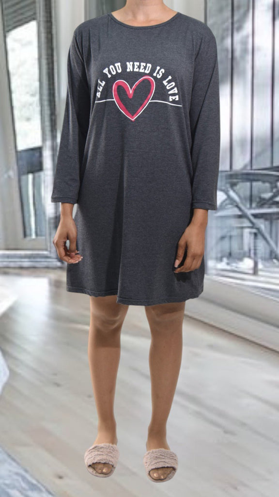 Ladies Printed Grey Sleep Shirt - All You Need Is Love - StylePhase SA