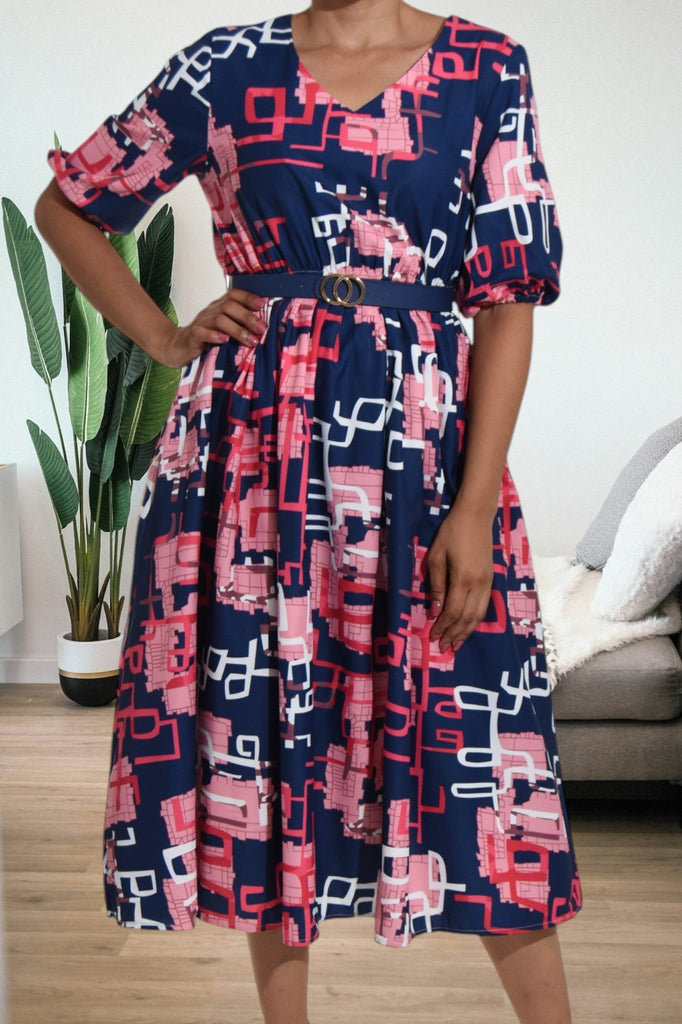 Ladies Printed Navy Flare Dress - StylePhase SA