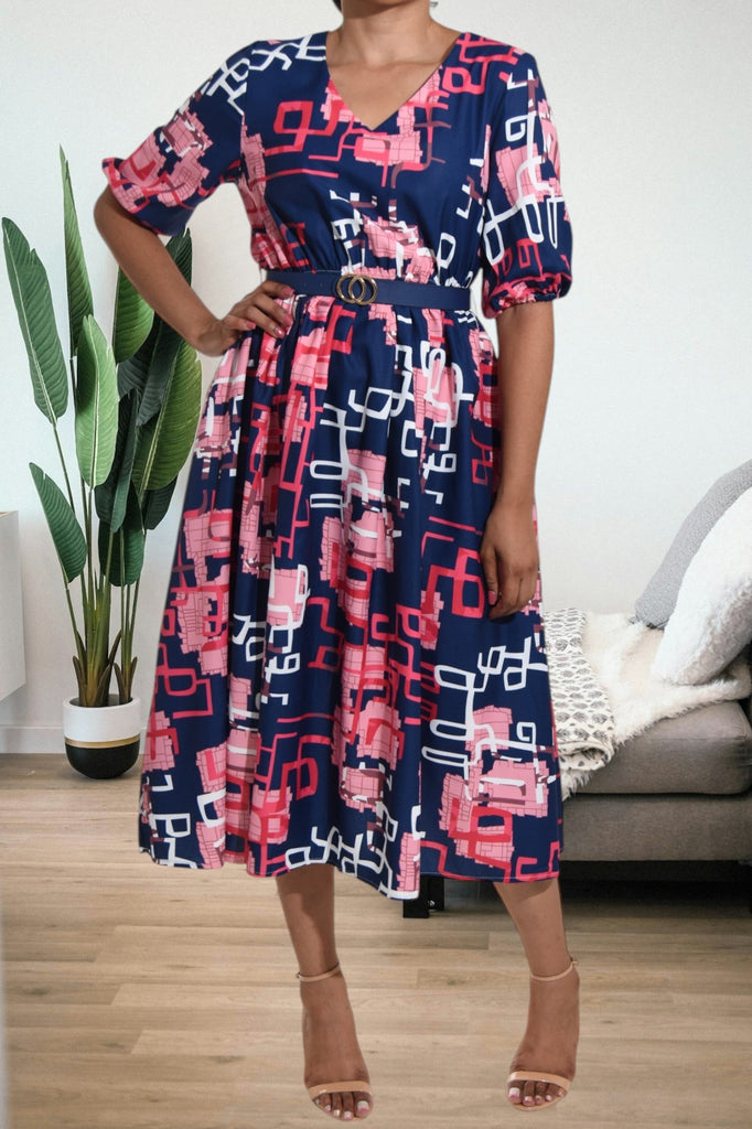 Ladies Printed Navy Flare Dress - StylePhase SA