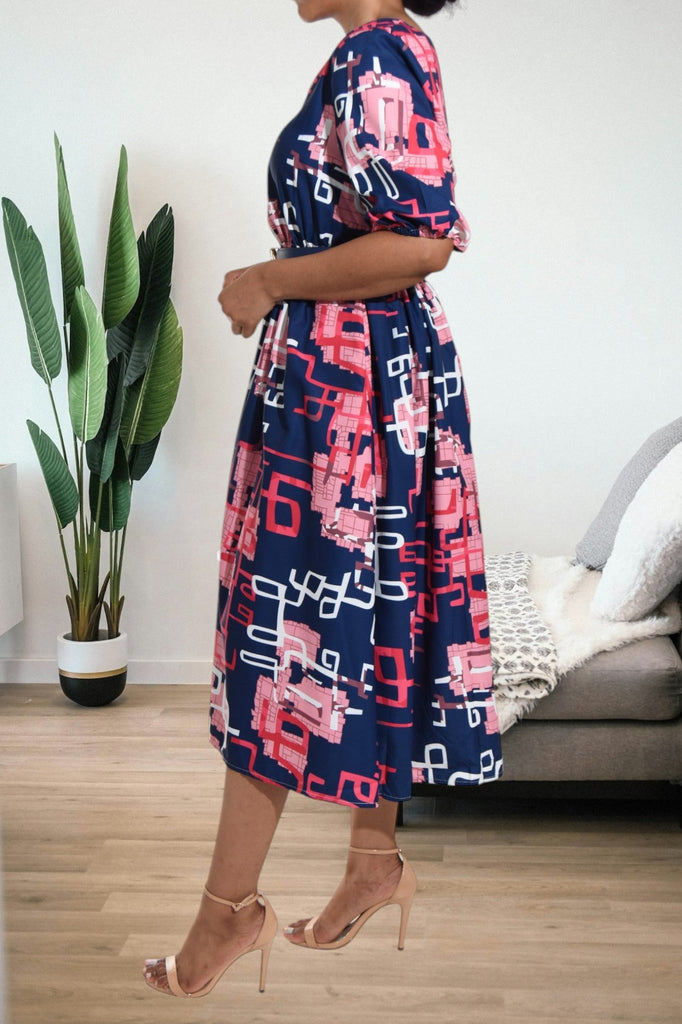 Ladies Printed Navy Flare Dress - StylePhase SA