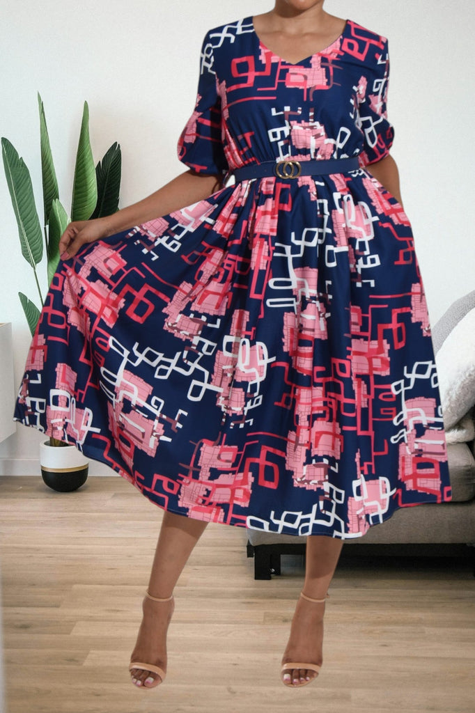 Ladies Printed Navy Flare Dress - StylePhase SA