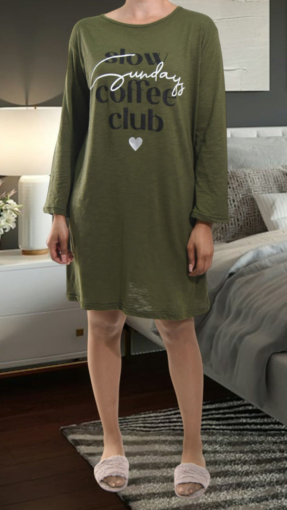 Ladies Printed Olive Sleep Shirt - Coffee Club - StylePhase SA