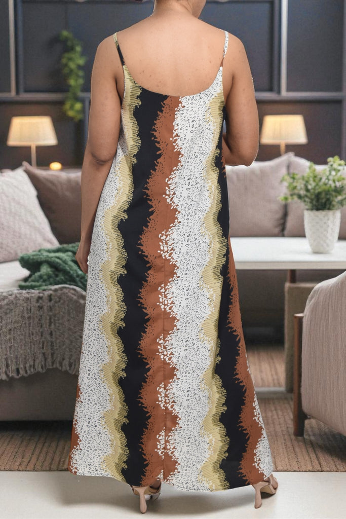 Ladies Printed Pocket Maxi Dress - Black and Brown Printed - StylePhase SA