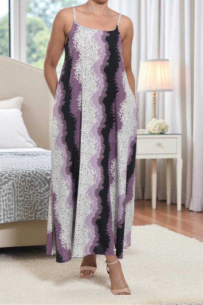 Ladies Printed Pocket Maxi Dress - Black and Lilac Printed - StylePhase SA