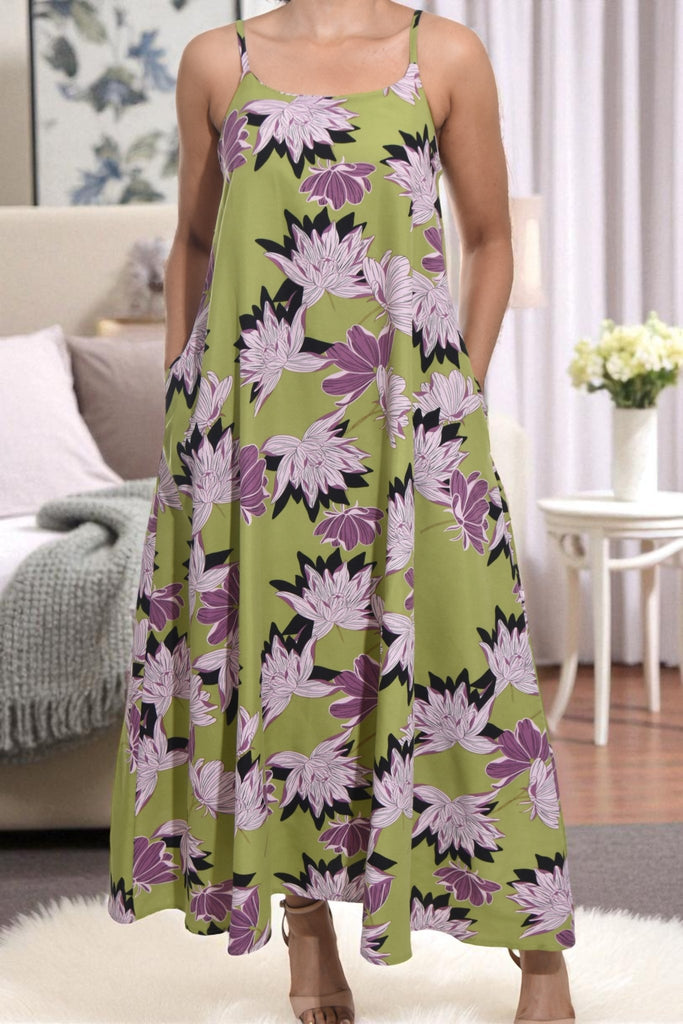 Ladies Printed Pocket Maxi Dress - Green Floral - StylePhase SA
