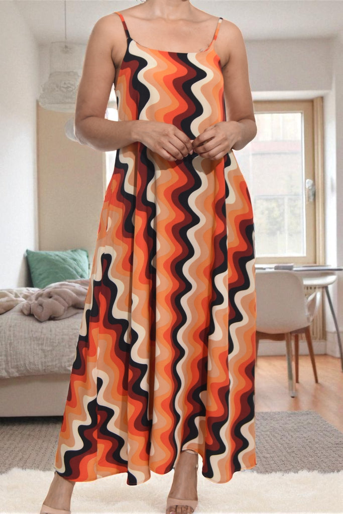 Ladies Printed Pocket Maxi Dress - Orange and Cream Printed - StylePhase SA