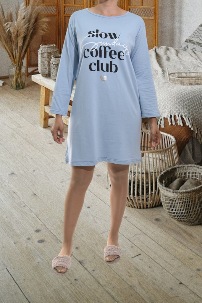 Ladies Printed Sleep Shirt - Baby Blue Coffee Club - StylePhase SA