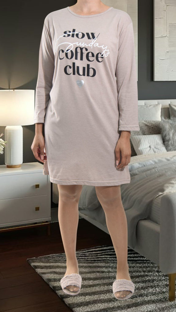 Ladies Printed Sleep Shirt - Beige Coffee Club - StylePhase SA