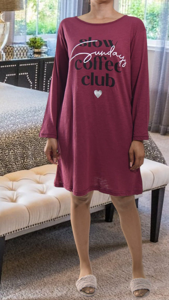 Ladies Printed Sleep Shirt - Maroon Coffee Club - StylePhase SA