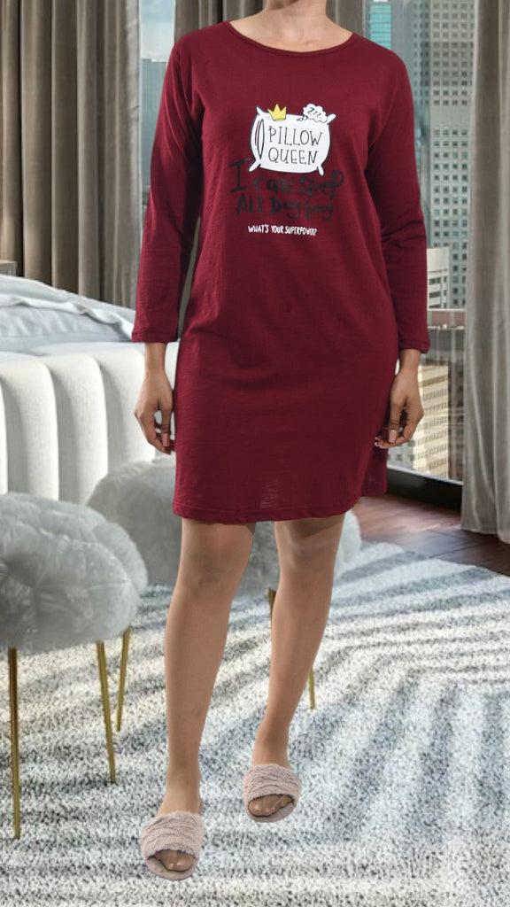 Ladies Printed Sleep Shirt - Maroon Pillow Queen - StylePhase SA