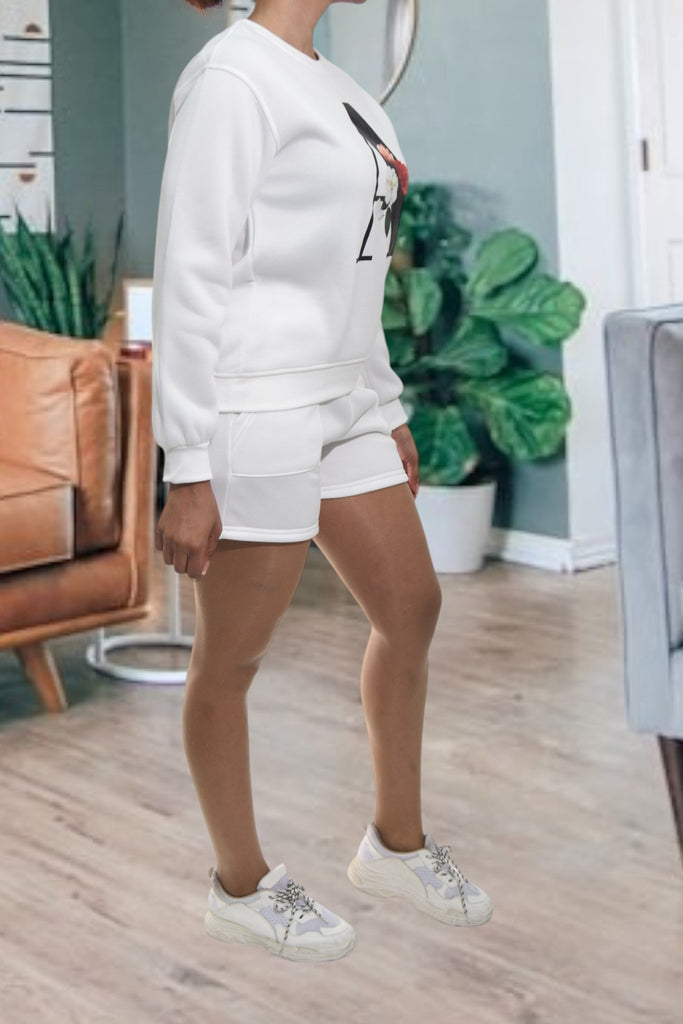 Ladies Printed White Fleece 2Pc Set - StylePhase SA