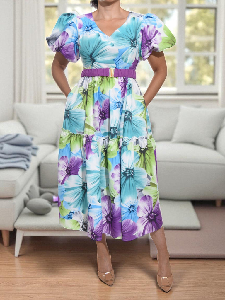 Ladies Puff Sleeve Floral Dress - StylePhase SA