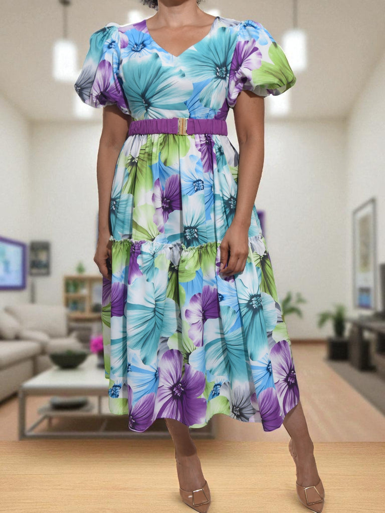 Ladies Puff Sleeve Floral Dress - StylePhase SA