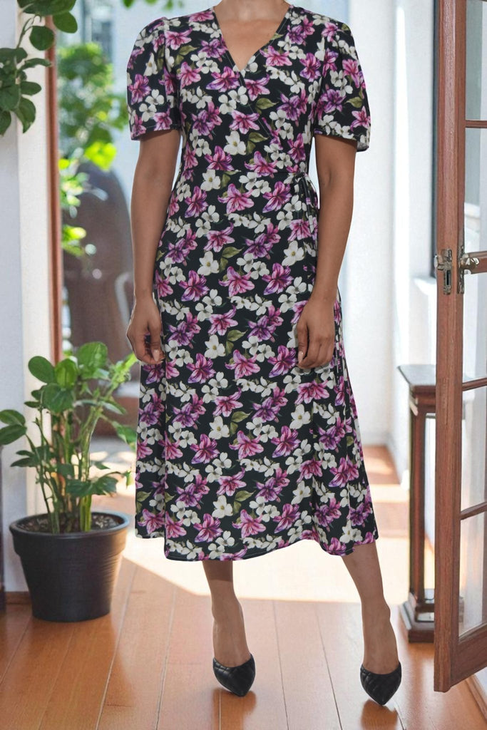 Ladies Purple And White Flower Wrap Dress - StylePhase SA