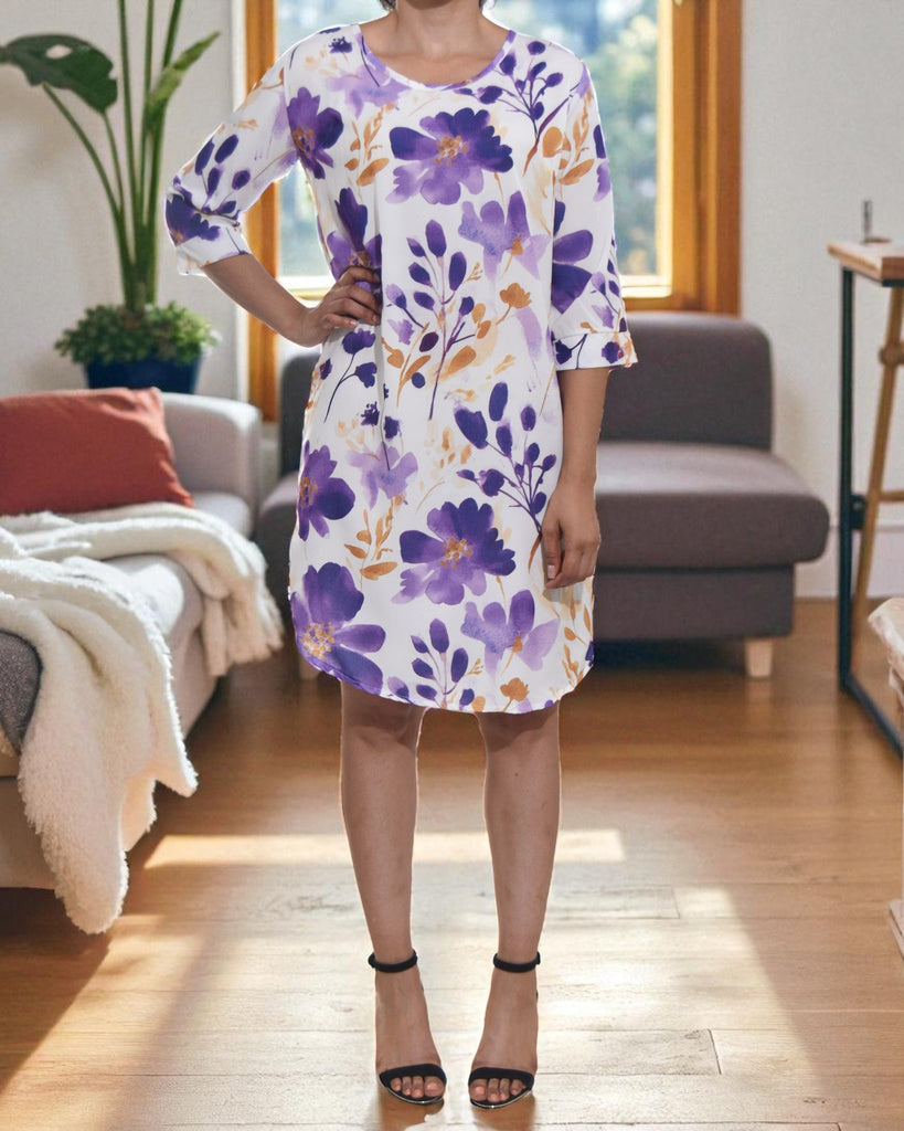 Ladies Purple Floral Tunic 3/4 Sleeve Dress - StylePhase SA