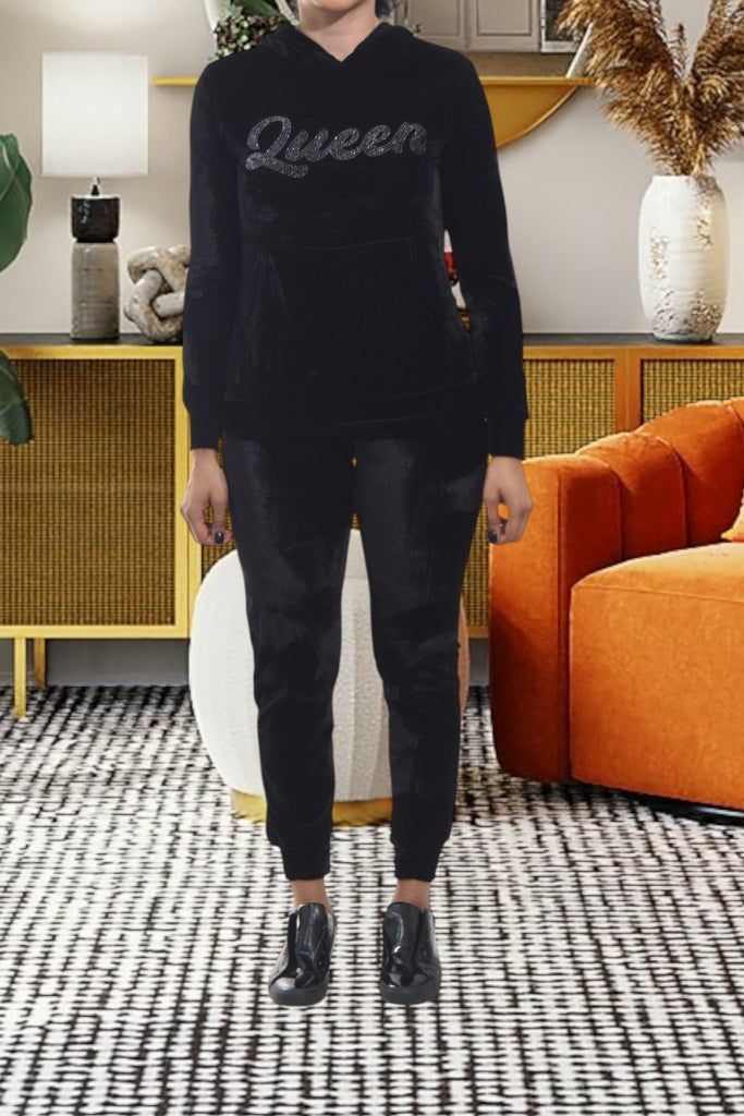 Ladies Queen Studded Velour Tracksuit Set - StylePhase SA