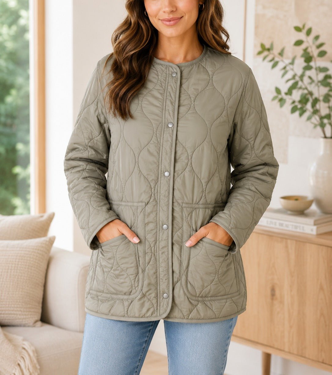 Ladies Quilt Button Front Jacket-Sage - StylePhase SA