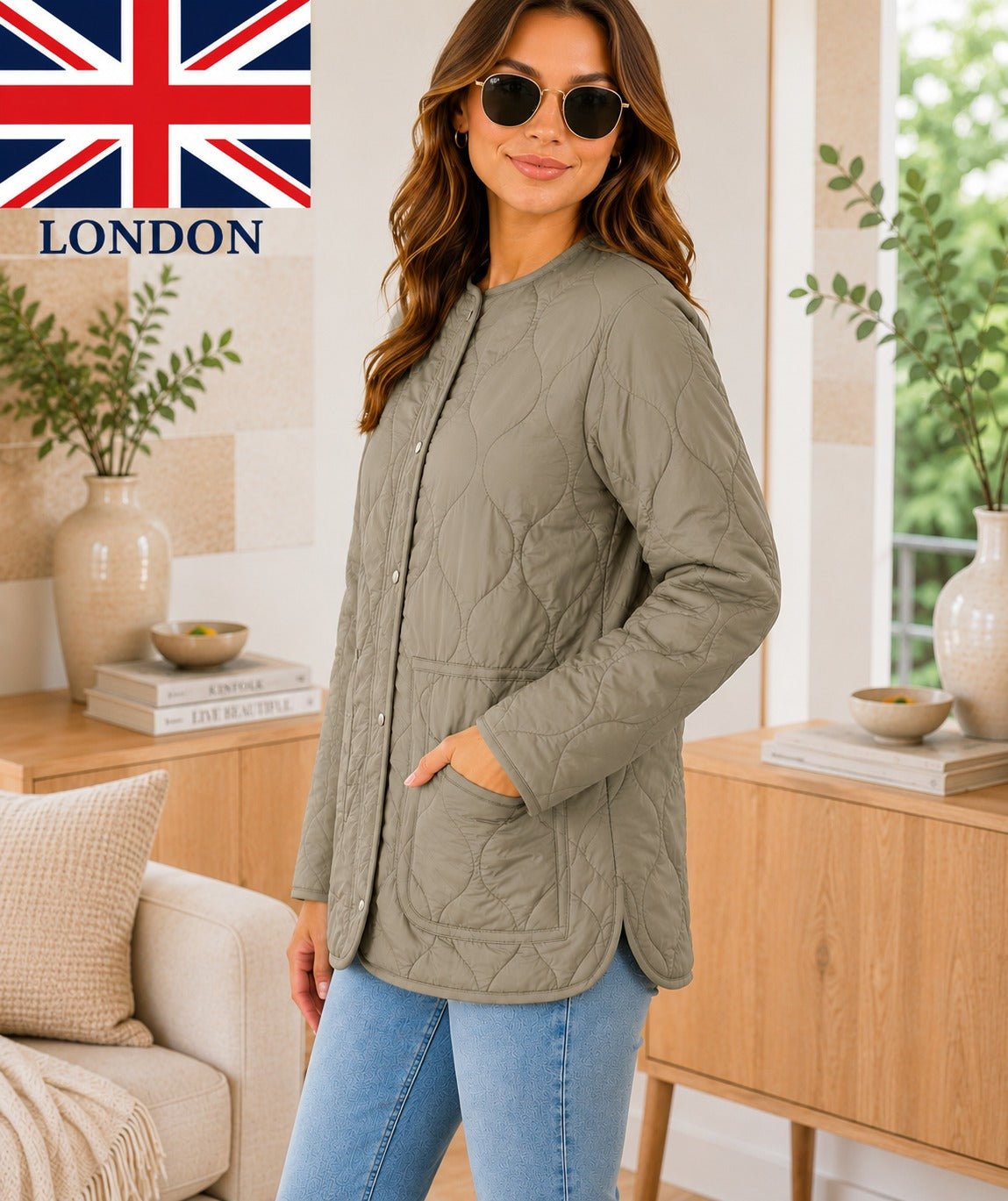 Ladies Quilt Button Front Jacket-Sage - StylePhase SA